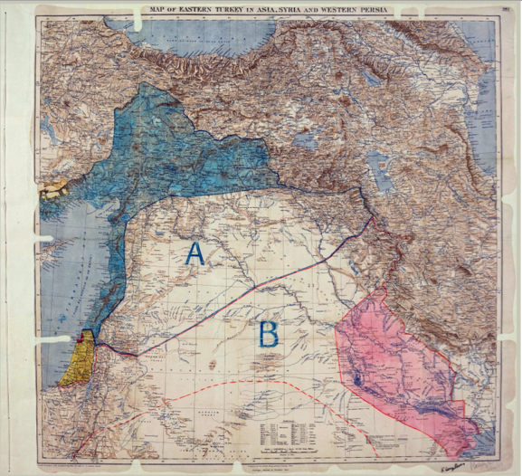 خريطة اتّفاقيّة سايكس بيكو التي تمّ توقيعها من قبل ماركس سايكس وفرانسوا جورج بيكو بتاريخ 8 مايو 1916. الصورة من الأرشيف الوطني البريطاني MPK1/426, FO 371/2777 (folio 398). من ويكيبيديا